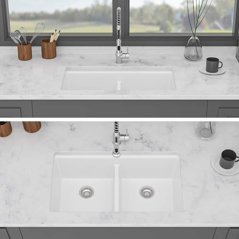 Undermount Double Bowl Quartz Kitchen Sink in White - 33'' x 19'' x 9.65''
