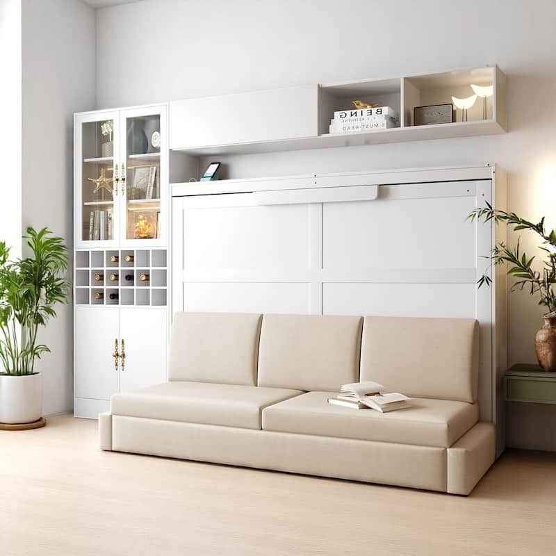 Fold Down Full/Queen Wall Bed with Sofa, USB Charging, Shelves & Built-in Lighting, Space-Saving - White - Full