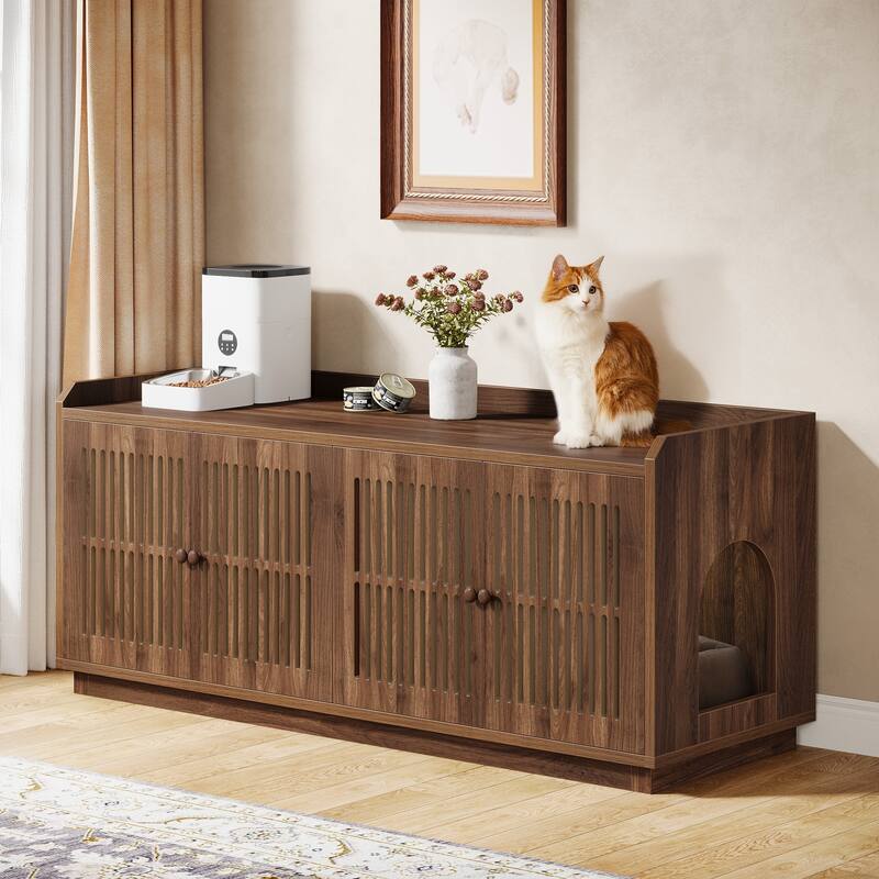 2 Cats Litter Box Enclosure, 55.1-Inch Extra Large Hidden Litter Box Furniture, Wooden XL Cat Washroom Furniture with Storage