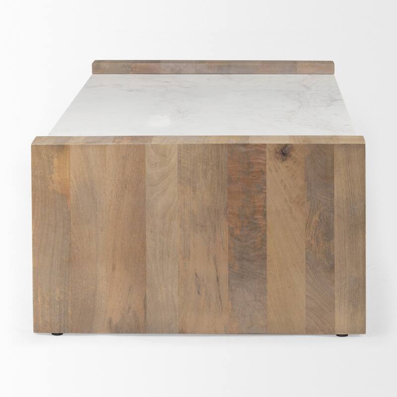 HomeRoots 48" Natural and White Solid Wood And Genuine Marble Coffee Table - 48' X '16' X '28