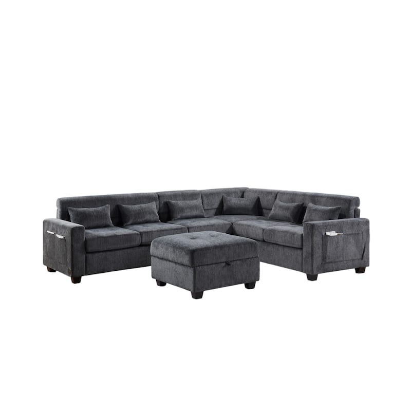 Reyna Sectional Sofa, Ottoman, Adjustable Back, Gray Chenille 115 Inch