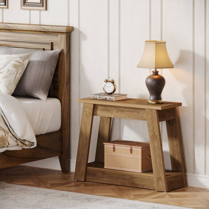 Rustic Wood End Table, Small Side Table With 2-Tier Storage Shelves