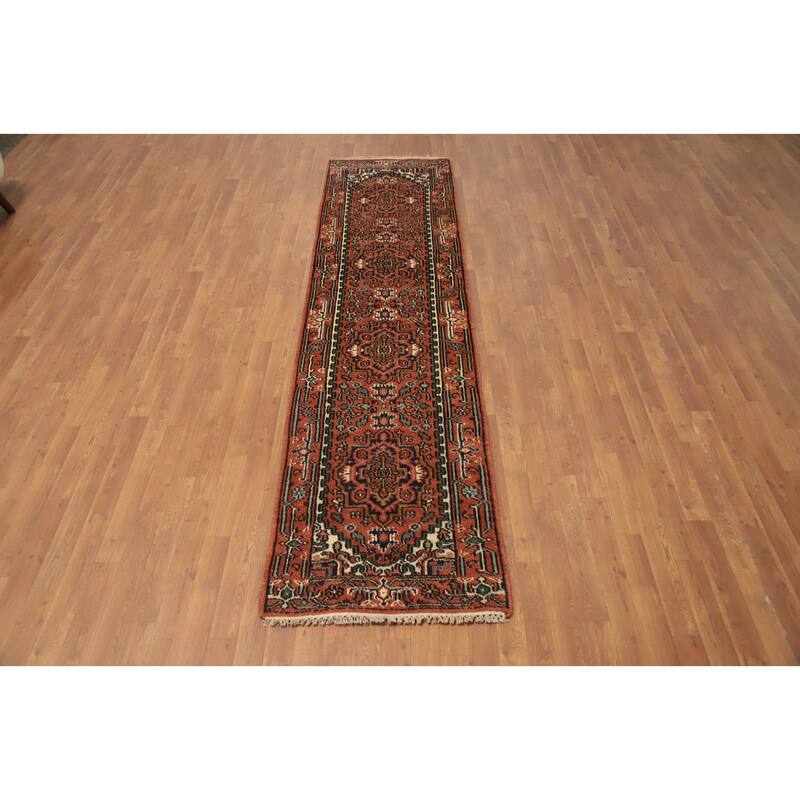 Hand Knotted Oriental 100% Wool Carpet Traditional Geometric Oranges & Rust Heriz (serapi) Runner Rug - 10' 1'' X 2' 7''