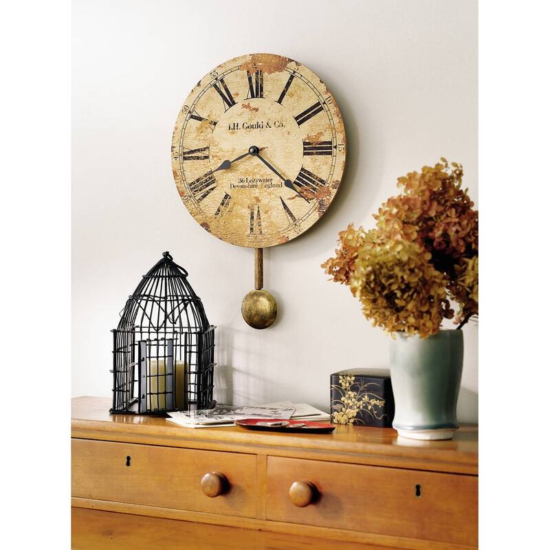 Howard Miller J. H. Gould & Co. Antique, Vintage, Old World, & Industrial Style Distressed Wall Clock with Pendulum - Brown