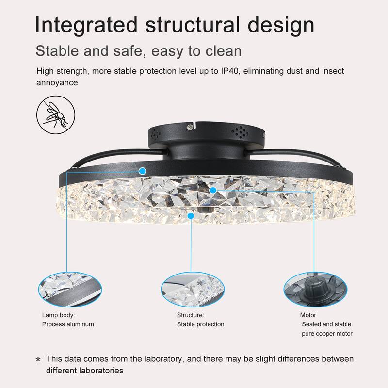 19.7" Low Profile Crystal Ceiling Fan with Light, Remote, 6 Speeds & Timer Setting, Crystal Chandelier Ceiing Light with Fan