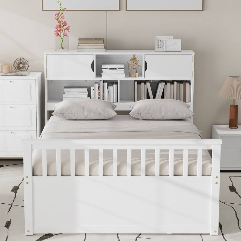 Full Size Captain Platform Bed Frame with Storage Bookcases and Shelves Four Drawers - White