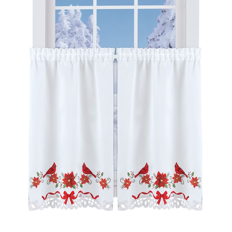 Festive Embroidered Cardinal Poinsettia Kitchen Café Curtains