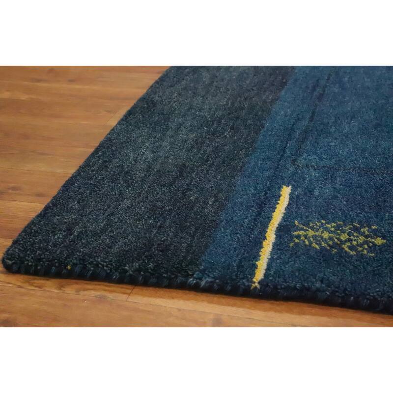 Hand Knotted Oriental 100% Wool Carpet Modern Bordered Navy Blue & Blues Gabbeh Area Rug - 6' 9'' X 6' 3''