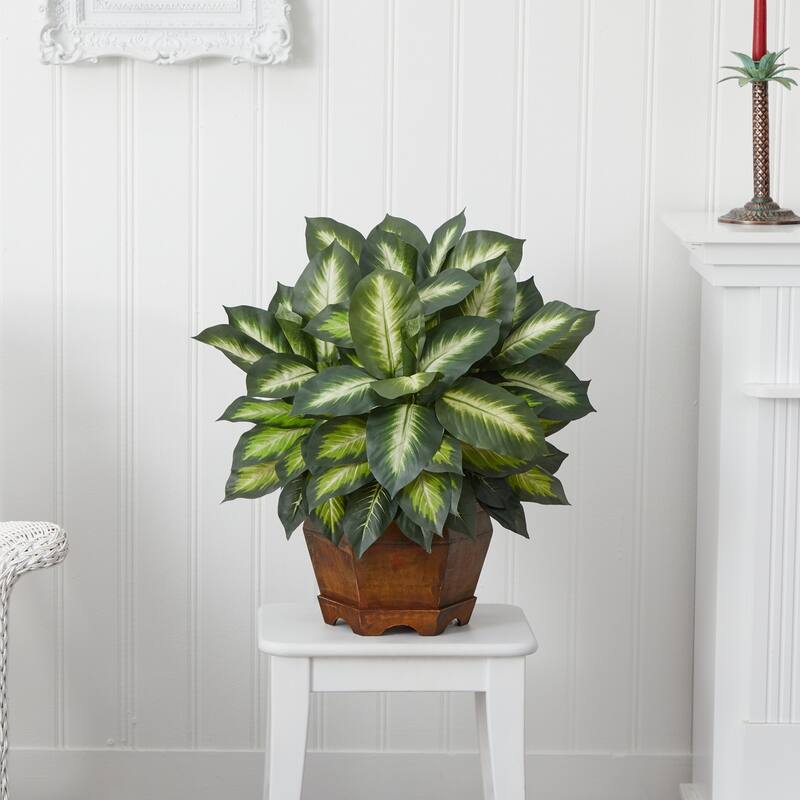 Golden Dieffenbachia Silk Plant - 24" Decorative Faux Greenery in Hexagon Pot for Home Decor - 2ft.