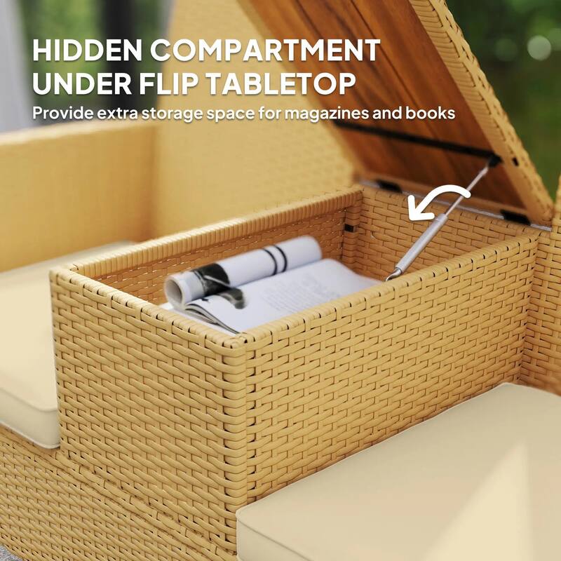 Patio Wicker Loveseat with Built-in Flip-Top Coffee Table and Cushions