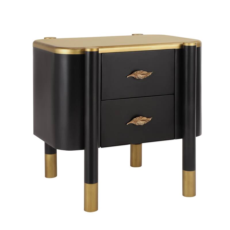 Contemporary 2 Drawers Nightstand with Curved Profile Design, Bedside Table with Metal Feather-Shaped Handles and Exposed Legs