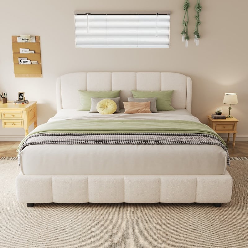 Queen Size Boucle Fabric Upholstered Platform Bed with Curve-Shaped Headboard