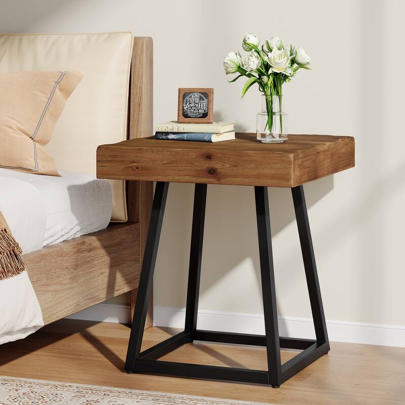 Solid Wood Industrial Nightstand with Metal Frame