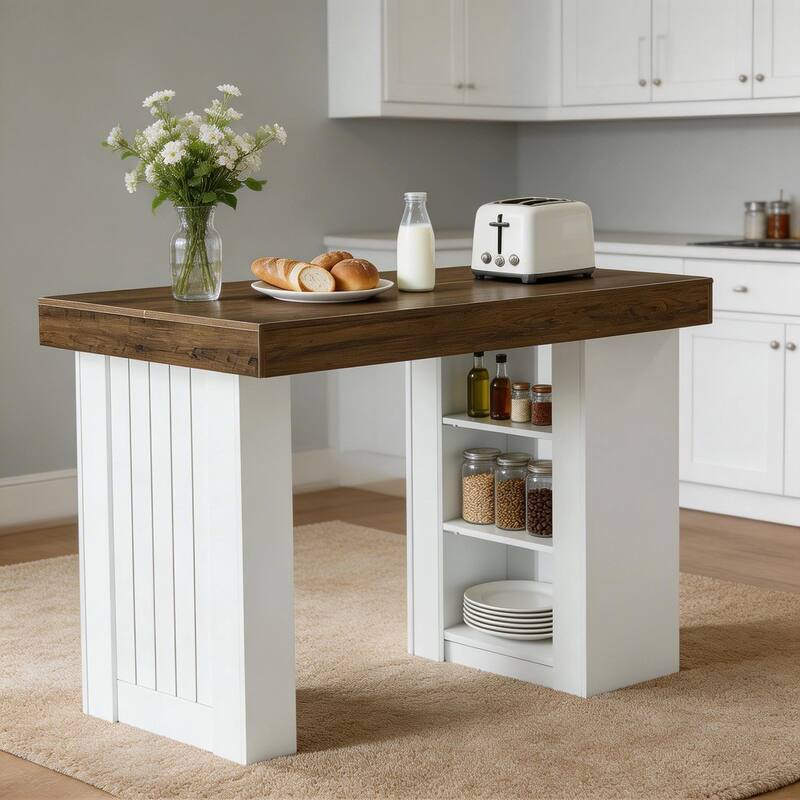 55.1'' Bar Table with Storage Shelves for Kitchen, Dining Room, Basement - Rustic Brown & White