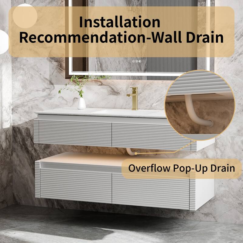 Modland 48" Modern Wall-Mounted Single Sink Bathroom Vanity with Engineered Stone Countertop,Soft-Close Drawers