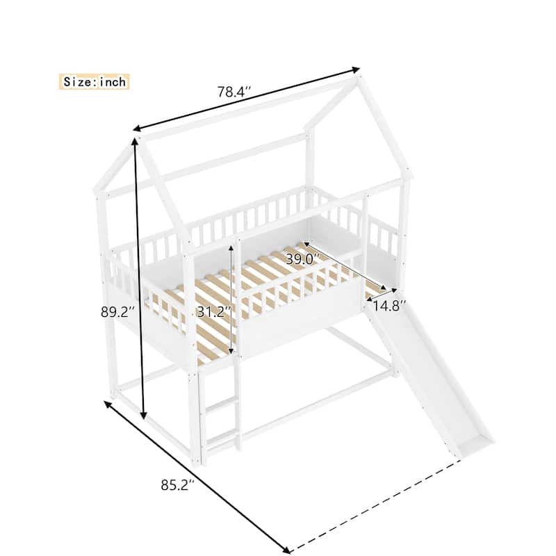 House Bunk Bed With Convertible Slide And Ladder, Floor Bunk Bed Twin Over Twin With Safety Guardrail