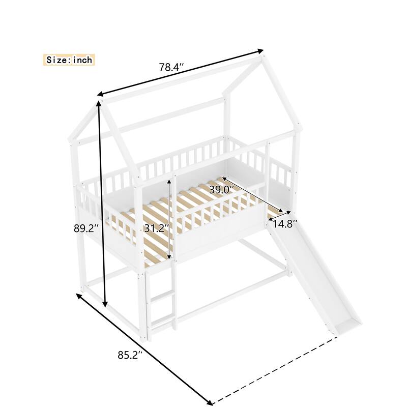 Twin Over Twin Floor Bunk Bed with Convertible Slide and Ladder, Twin Size Low Bunk Bed, Wooden House Bunk Bed Frame with Roof