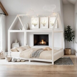 Wood Full/Twin Size House Bed with Guardrail, Kids Bed with LED and Headboards