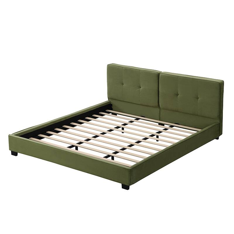 King Size Velvet Bed Frames, Upholstered Platform Bed with Curved Tufted Headboard, Soft Square Corners, Olive Green
