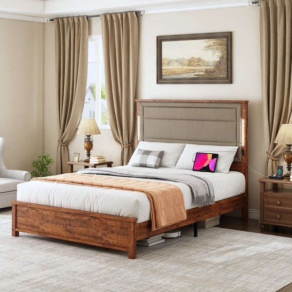 slide 2 of 10, Queen Size Platform Bed Frame with Upholstered Headboard Featuring USB and Type-C Charging Ports Brown Grey - Queen