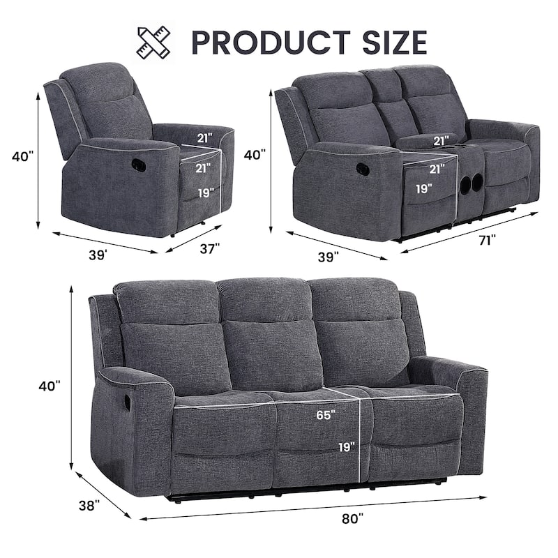 3PC Soft Microfiber Manual Reclining Sofa Set Sofa w/Dropdown Table Loveseat with Bluetooth Speaker and Type-C Charger