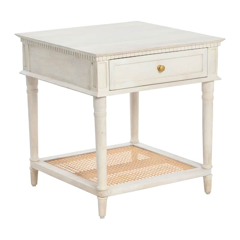 Maxwelton Acacia Wood and Cane Bed Side Table - Distressed White and Natural