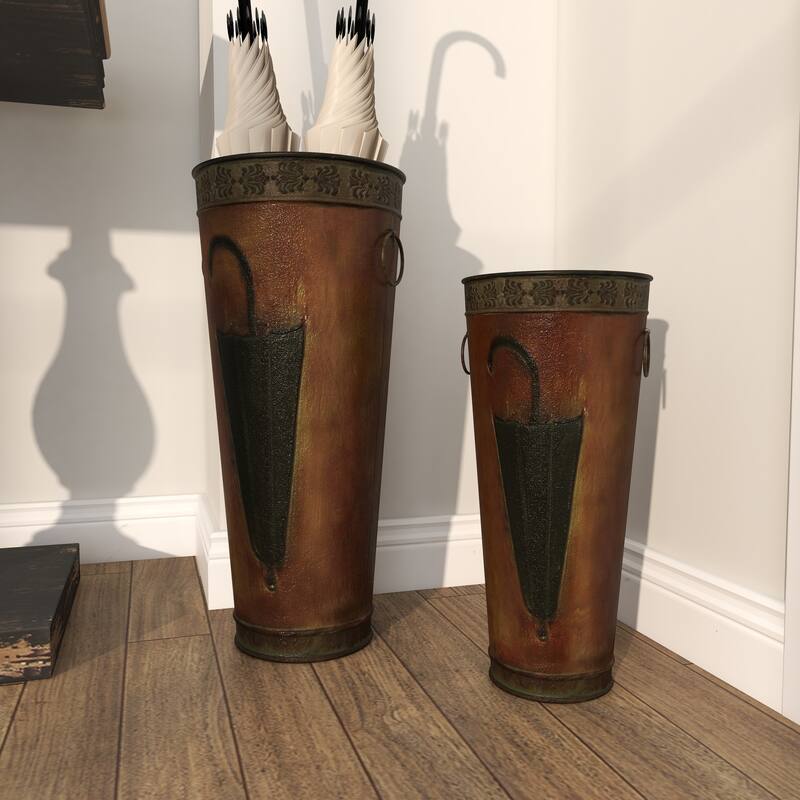 Metal Umbrella Stand with Umbrella Image and Handles - Set of 2 Brown or Black - Roche River Decor