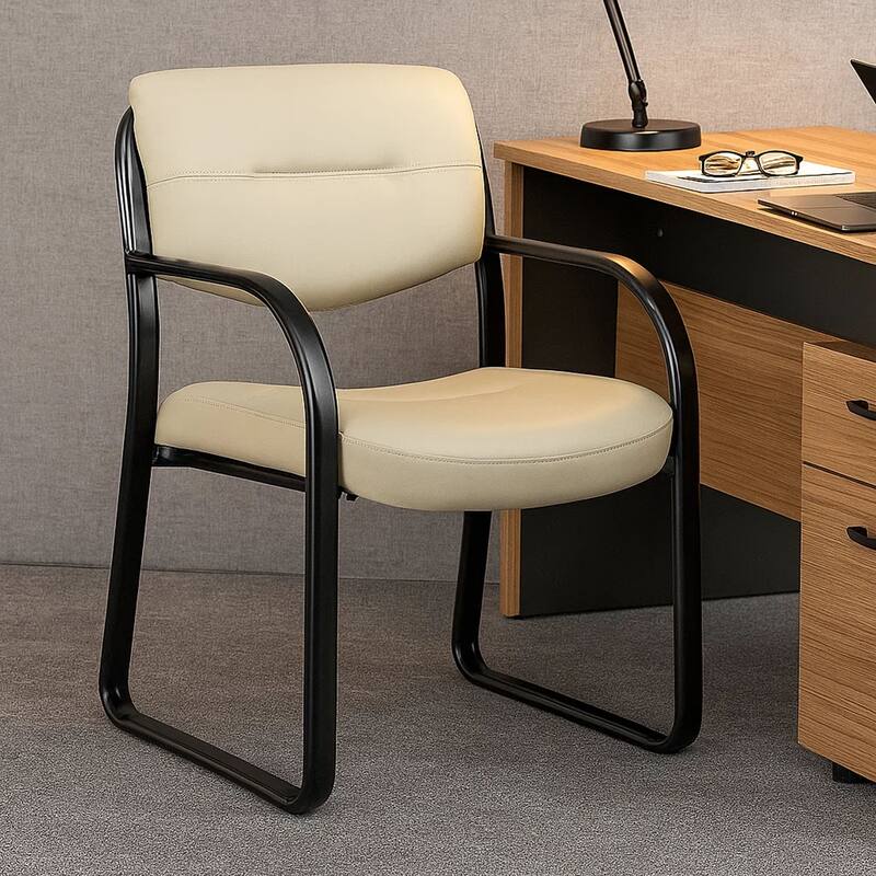 Kate Guest Armchair with Sled Base, Steel Frame, Beige Faux Leather