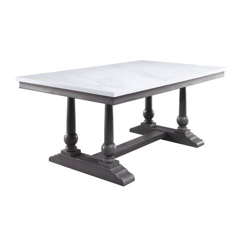 Dining Table with Marble Top and Trestle Base, White and Gray