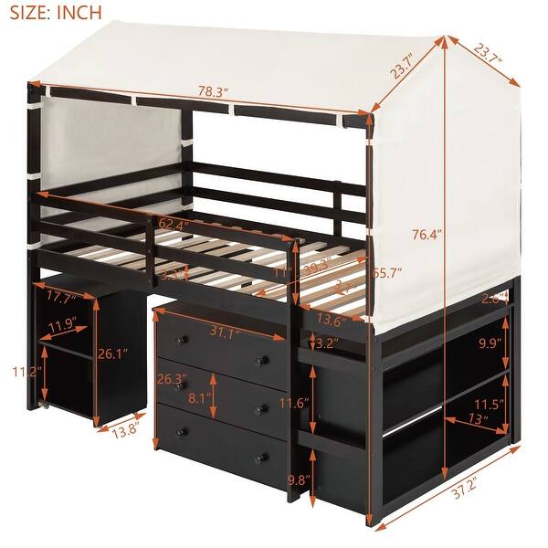 Twin Size Loft Bed with Rolling Cabinet, Shelf, Tent, Space-Saving Design