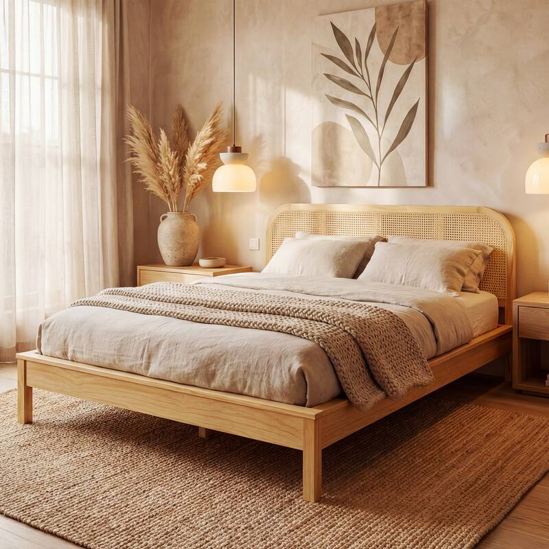 Christopher Knight Home - Boho Solid Wood Bed Frame with Rattan Headboard