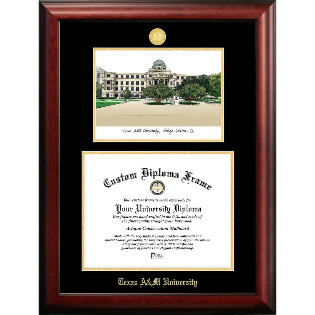 Texas A&M University 16w x 12.5h Gold Embossed Diploma Frame with Campus Images Lithograph