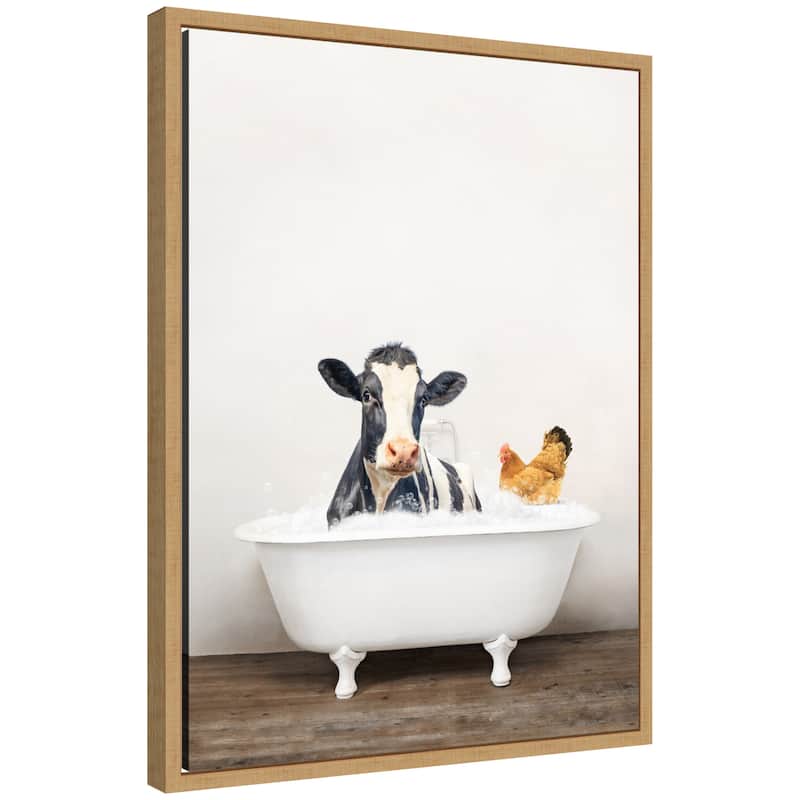 Kate and Laurel Sylvie Cow and Chicken in Rustic Bathtub Framed Canvas by Amy Peterson - Natural