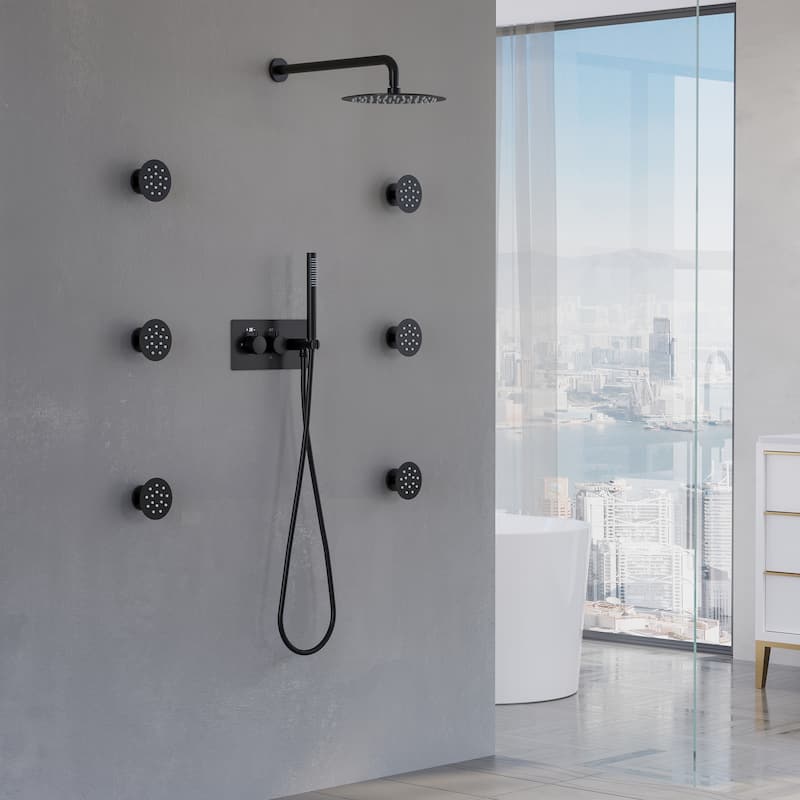 Thermostatic Shower System with 10" Ultra-Thin Round Shower Head,Body Jets And Hand Shower - Matte Black