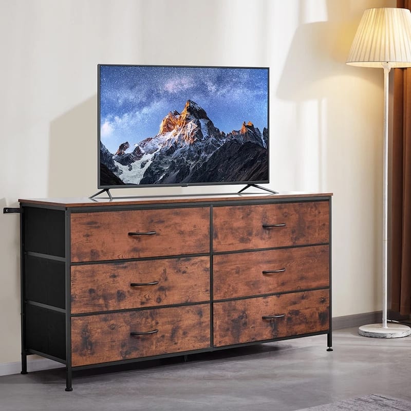 6 Drawer Dresser Closet Dresser TV Stand with Steel Frame Brown - 52 inches