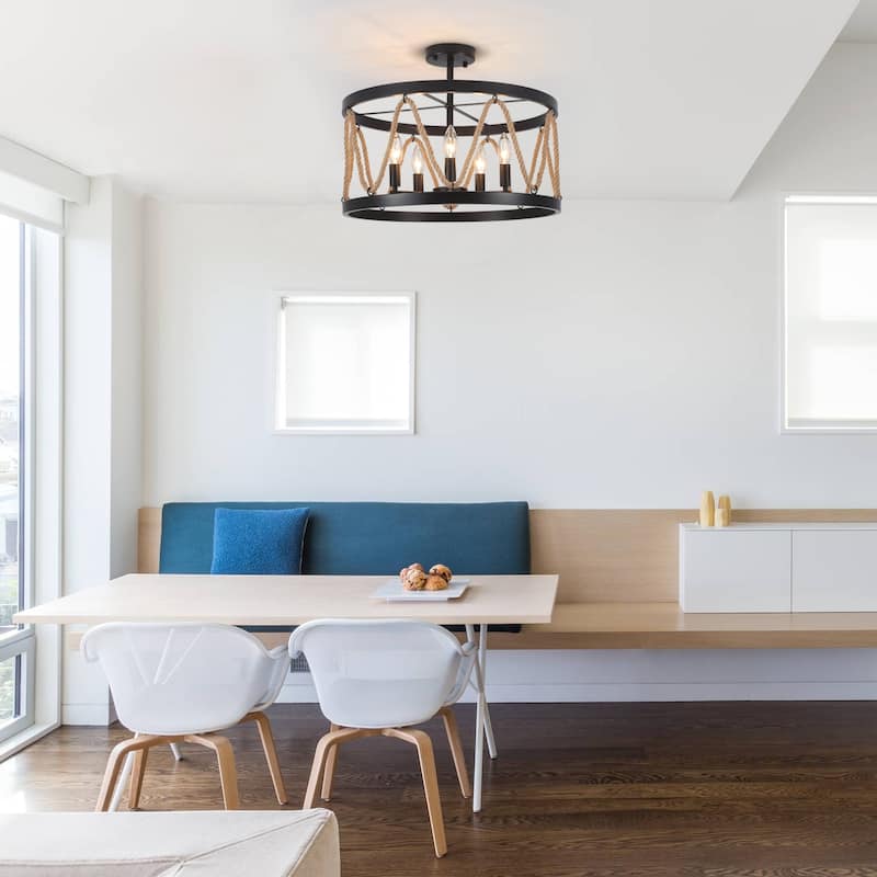 19.68 in. 5-Light Metal Hemp Rope Candlestick Semi-Flush Mount Light Ceiling Light for Kitchen Island