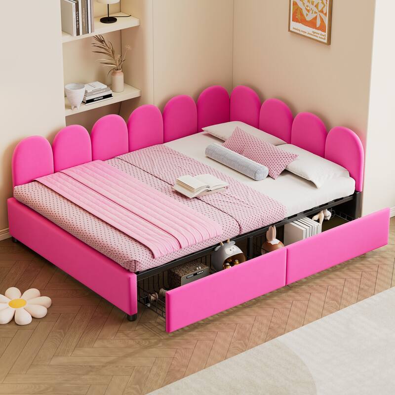 L-Shape Garden Backrest Daybed, Velvet Upholstered Sofabed with 2 Drawers, Soft Fabric Headboard Platform Bed Frame