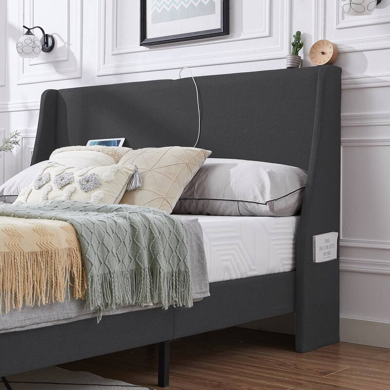 VECELO Bed Frame with Upholstered Wingback Headboard,Platform Bedframe with Charging Station & Side Pockets