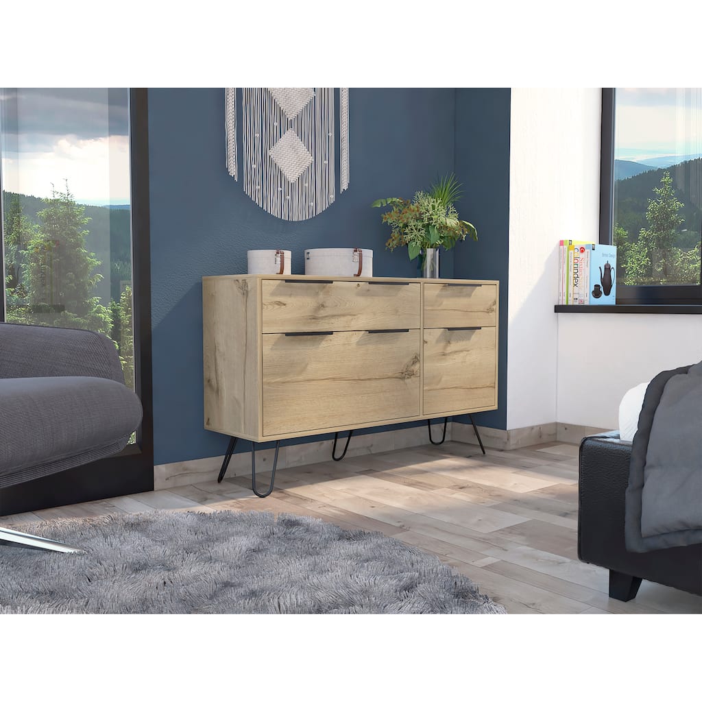 FM Furniture Monaco Double Dresser with 4 Drawers, Superior Top, and Hairpin Legs