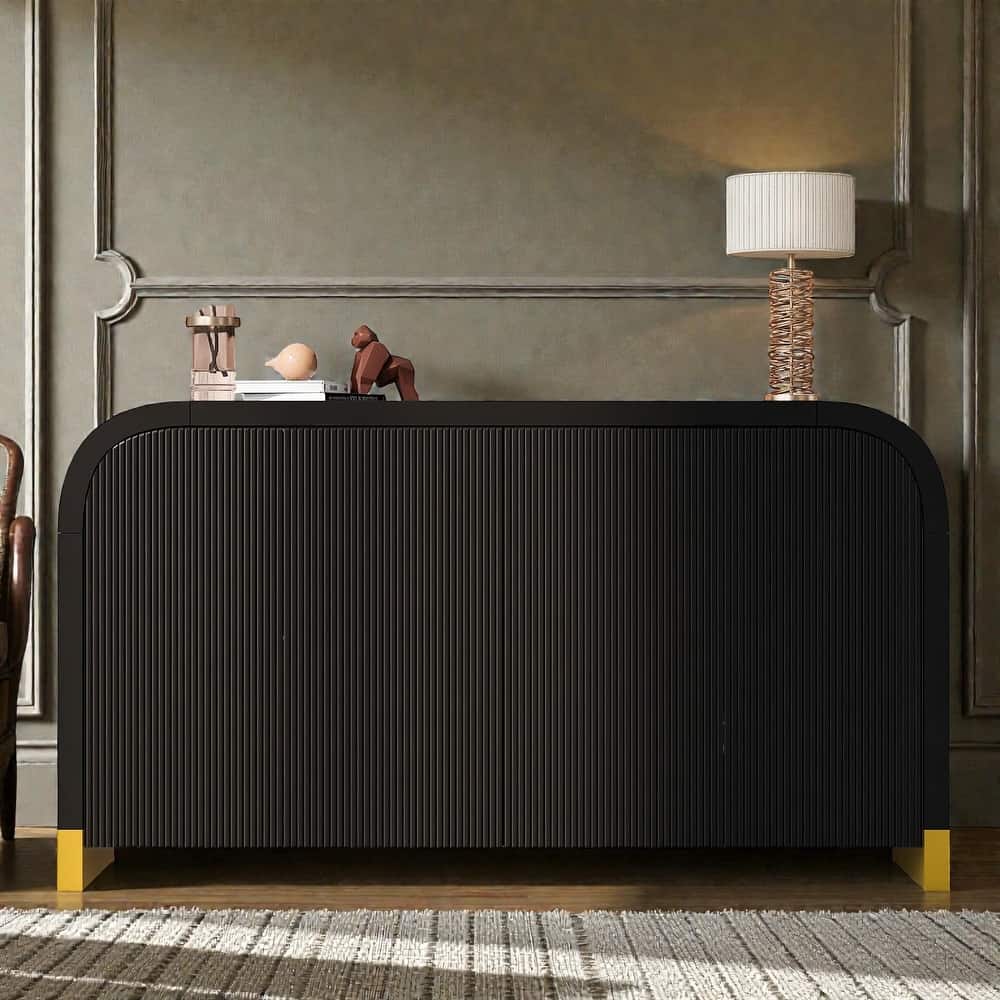 4 Door Storage Cabinet with Curved Corners, Wavy Panel Sideboard with Adjustable Shelves for Living Room Entryway