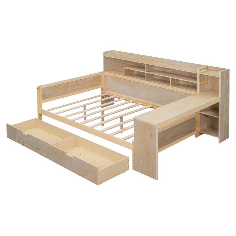 Full/Twin Size Daybed with Storage Shelves, Multi-functional Bed with Two Storage Drawers and Study Desk