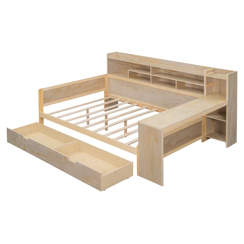 Modern Wooden Multi-functional Daybed with Storage Shelves and Drawers