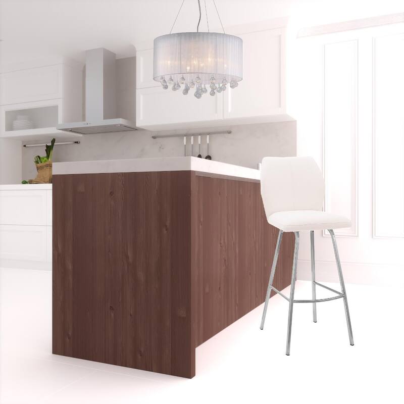 Contemporary Bar Stool in White Faux Leather with Full Back and Brushed Iron Frame for Kitchen