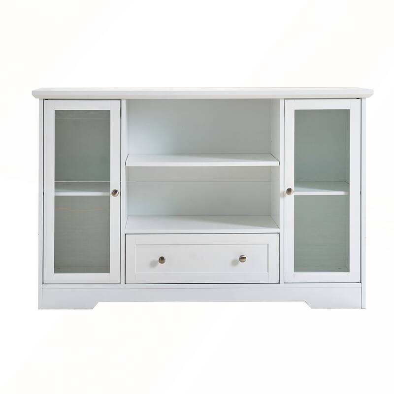 Modern White Storage Cabinet with Glass Doors Shelves Drawer