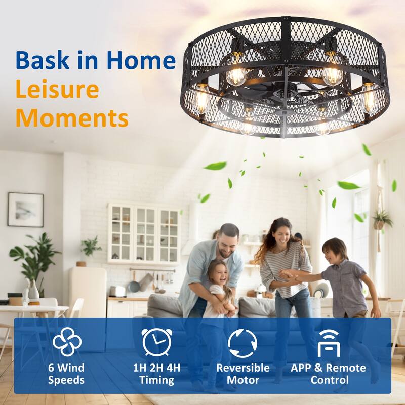 20-26Inch Caged Ceiling Fan with Light and Remote: APP Control Quiet DC Motor (E26 Bulbs Included)
