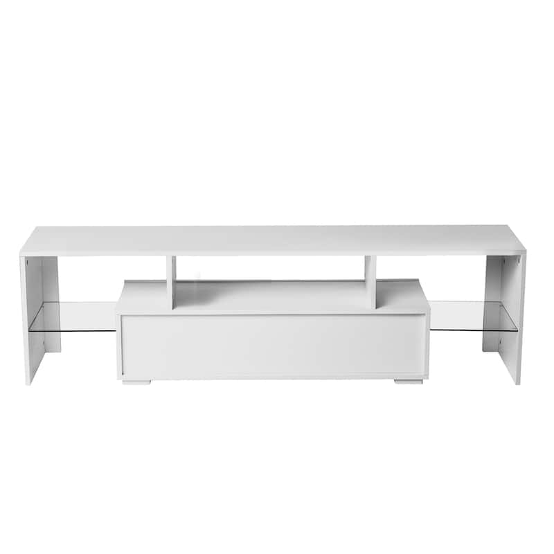 GDF Studio - Modern White Particle Board TV Stand with LED Lights and Toughened Glass Shelf