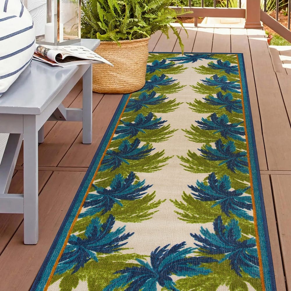 Tropical Floral Border Flatweave Indoor/Outdoor Area Rug