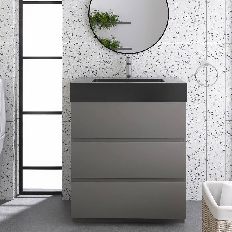 Freestanding Bathroom Vanity with Black Solid Surface Top - 29.9'' x 18.1'' x 37'' - Gay 