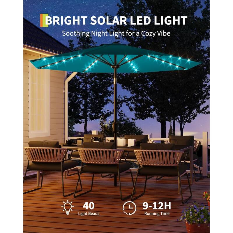 10 Ft Patio Umbrella with Solar Lights, Outdoor Table Umbrella with 40 LED Lights & Tilt Crank - Blue
