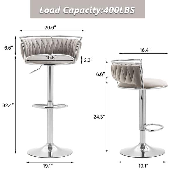 dimension image slide 13 of 24, Modern Velvet Adjustable Swivel Bar Stools Set of 2